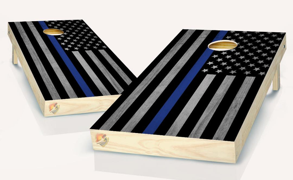 American Flag Black and Gray Thin Blue Line Cornhole Board Vinyl Wrap Laminated Sticker Set