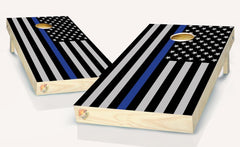 American Flag Black and White Thin Blue Line Cornhole Board Vinyl Wrap Laminated Sticker Set