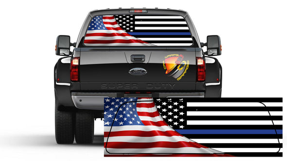 American Flag Black and White Thin Blue Line  Patriotic Rear Window Perforated Graphic Vinyl Decal Truck Cars
