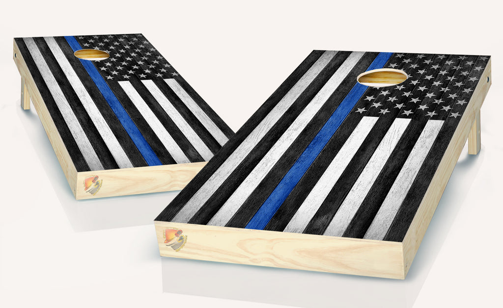 American Flag Black and White Thin Blue Line Washed Board  Cornhole   Board Vinyl Wrap Laminated Sticker Set