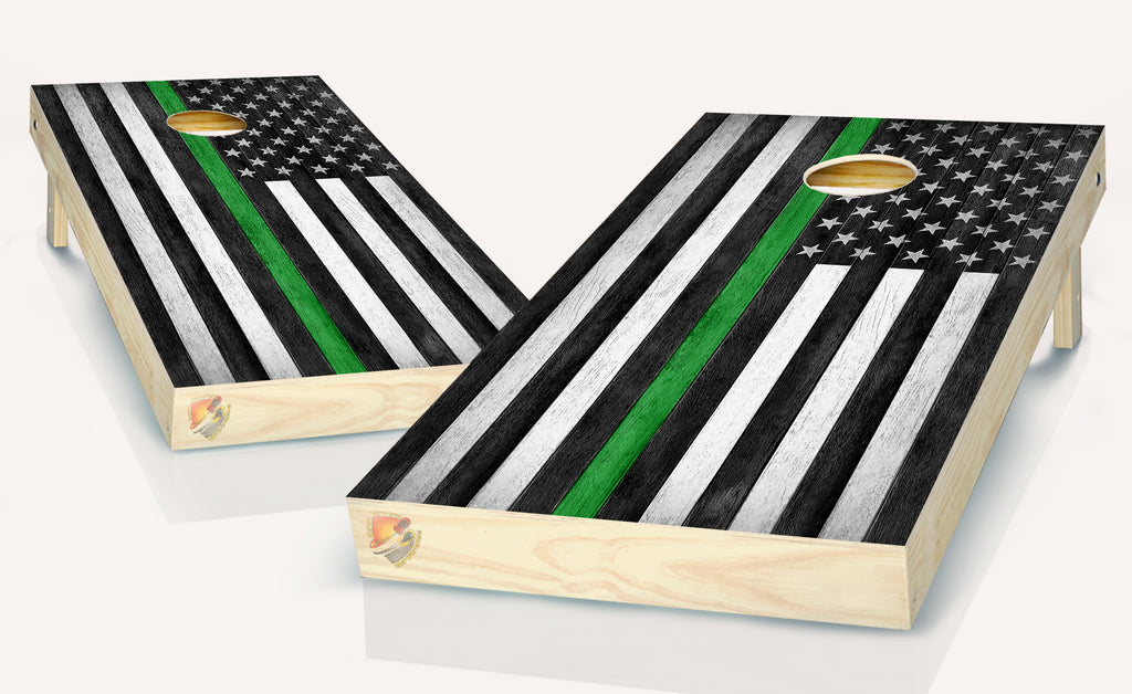 American Flag Black and White Thin Green Line Cornhole Board Vinyl Wrap Laminated Sticker Decal Set