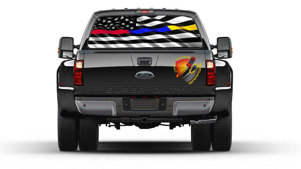 American Flag Black and White Thin Red, Blue & Gold Line Rear Window Graphic Perforated Decal Vinyl Pickup