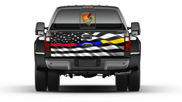 American Flag Black and White Thin Red, Blue & Gold Line Tailgate Wrap Vinyl Graphic Decal Sticker Truck