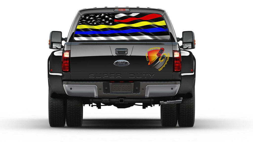 American Flag Black and White Thin Red, Gold & Blue Line Rear Window Graphic Perforated Decal Vinyl Pickup