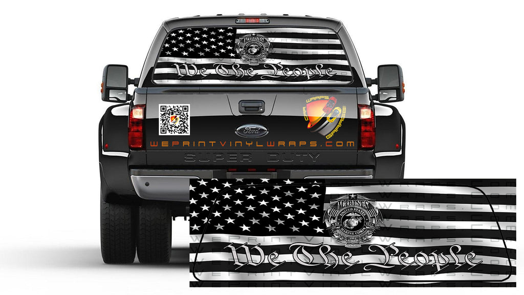 American Flag  Black and White We The People Soldier Patriotic Rear Window Perforated Graphic Decal Truck Cars