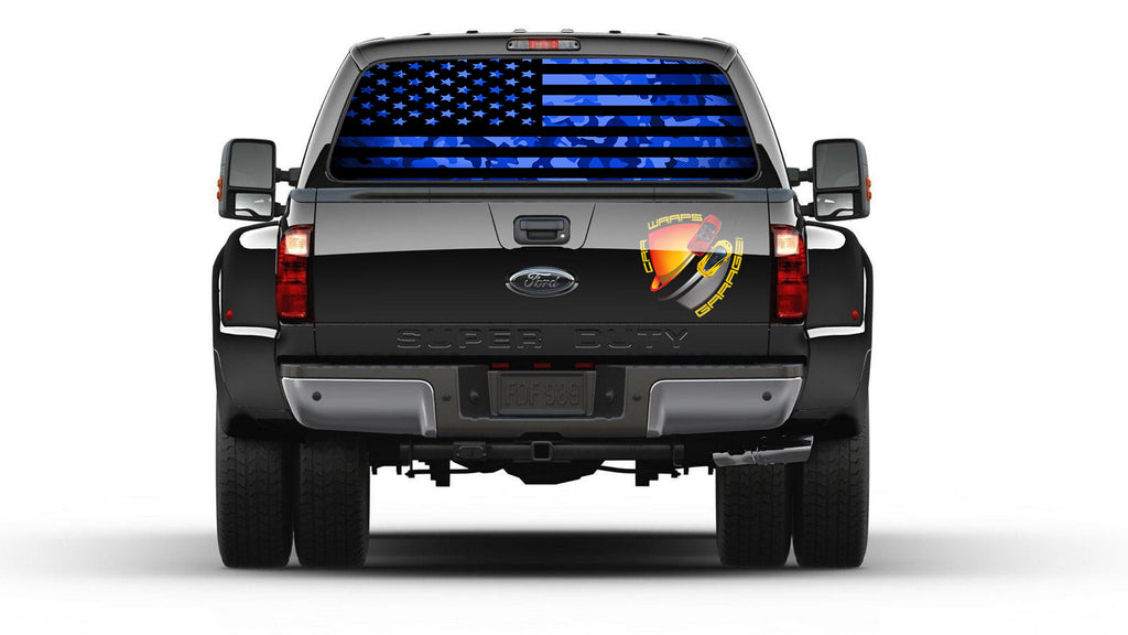 American Flag Blue Camouflage Rear Window Perforated Graphic Decal Sticker  Perfect for Trucks and Any Types of Cars