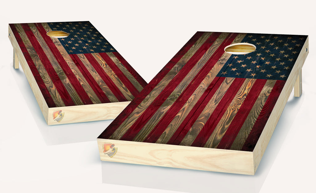 Cornhole American Flag Dark Wood Cornhole  Board Vinyl Wrap Laminated Sticker Set Decal