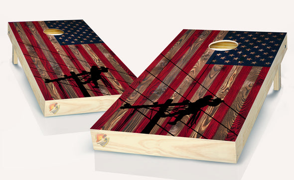 American Flag Lineman Cornhole Board Vinyl Wrap Laminated Sticker Set Decal