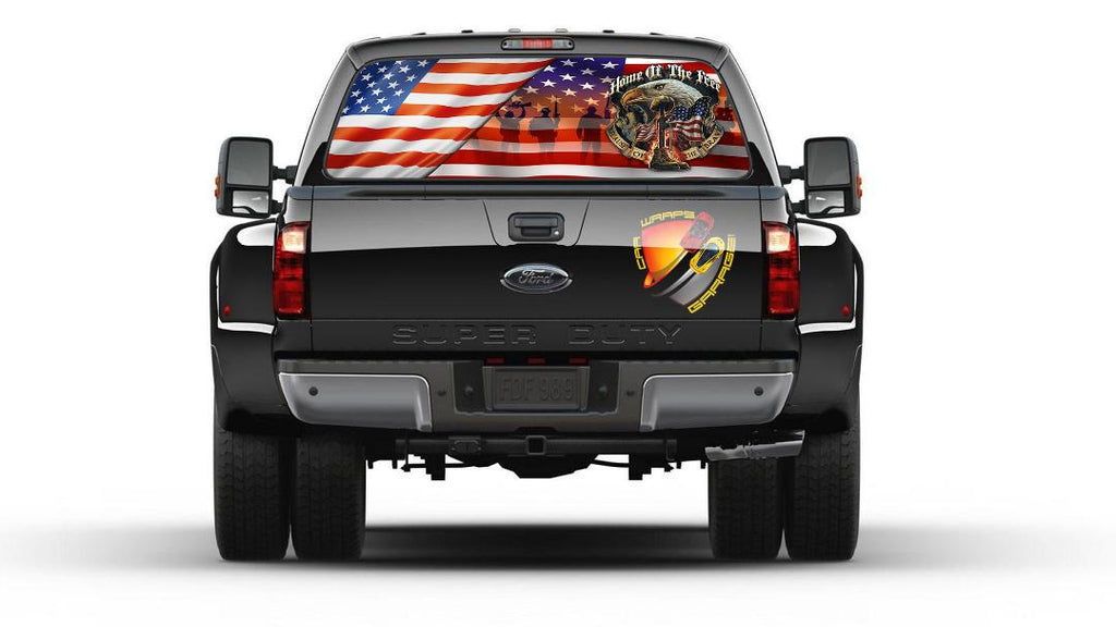 American Flag Patriotic Soldiers Home of the Free Rear Window Graphic Perforated Decal Vinyl Pickup Cars Campers