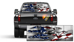 American Flag Ripped Metal Chevy  Patriotic Rear Window Graphic Perforated Decal  Pickup Truck Campers