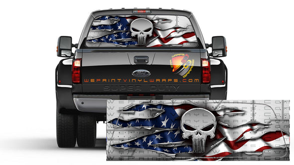 American Flag Ripped Metal Punisher Patriotic Rear Window Graphic Perforated Decal  Pickup Truck Campers