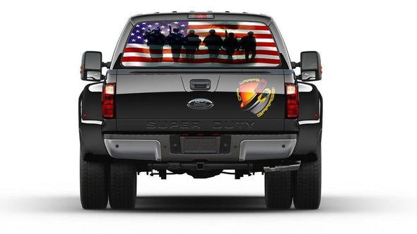 American Flag Soldiers Military Patriotic Rear Window Graphic Perforated Decal Vinyl Pickup Cars Campers
