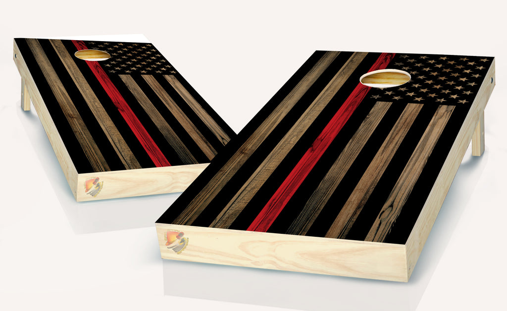 American Flag  Thin Red Line Dark Wood Cornhole Board Vinyl Wrap Laminated Sticker Set Decal