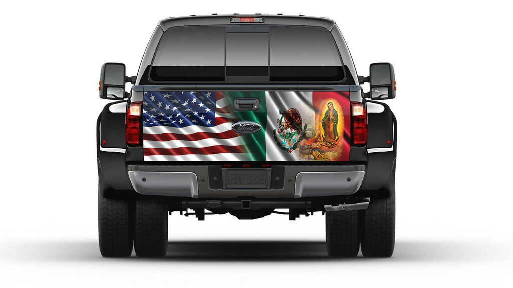 American & Mexican Flag Virgen de la Guadalupe Tailgate Wrap Vinyl Graphic Decal Sticker Truck