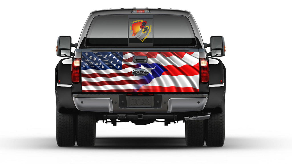 American & Puerto Rico Flag Tailgate Wrap Vinyl Graphic Decal Sticker Truck
