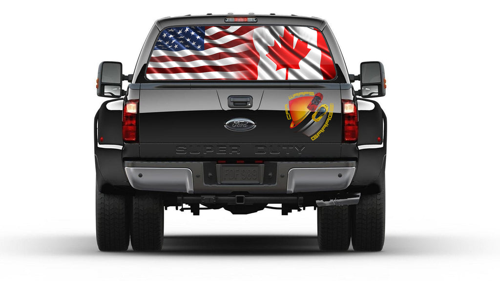American and Canada Flag Rear Window Graphic Perforated Decal Vinyl Pickup Truck