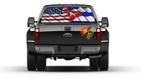 American and Cuban Flag Rear Window Graphic Perforated Decal Vinyl Pickup