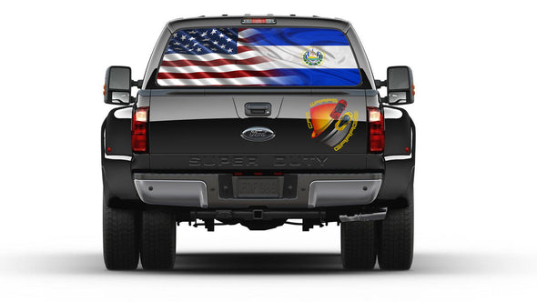 American and El Salvador Flag Rear Window Graphic Perforated Decal Vinyl Pickup Truck