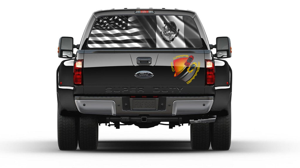American and Mexican Flag  Black and White Bandera de Mexico Rear Window Graphic Perforated Vinyl Tint Sticker for Truck  Cars Campers etc..