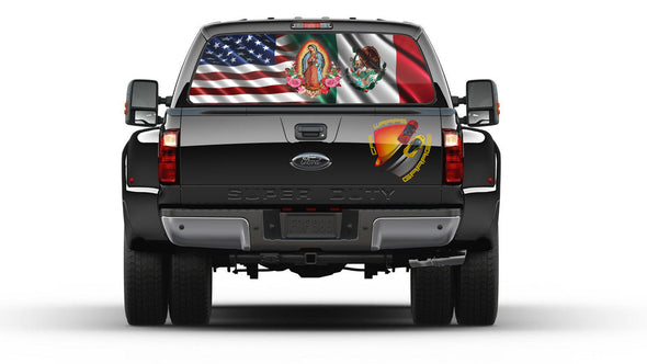 American and Mexican Flag Our Lady of Guadalupe Virgen de la Guadalupe Rear Window Perforated Graphic Decal