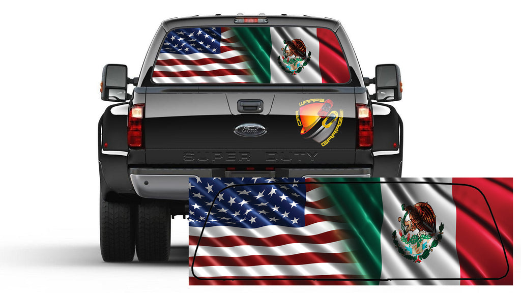 American and Mexican Flag Rear Window Perforated Graphic Decal Sticker for All Cars