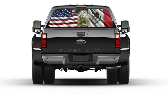 American and Mexican Flag St. Jude Rear Window Graphic Tint Sticker for Truck perforated vinyl