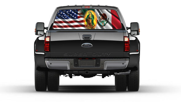 American and Mexican Flag Virgen de la Guadalupe Rear Window Graphic Tint Sticker for Truck perforated vinyl