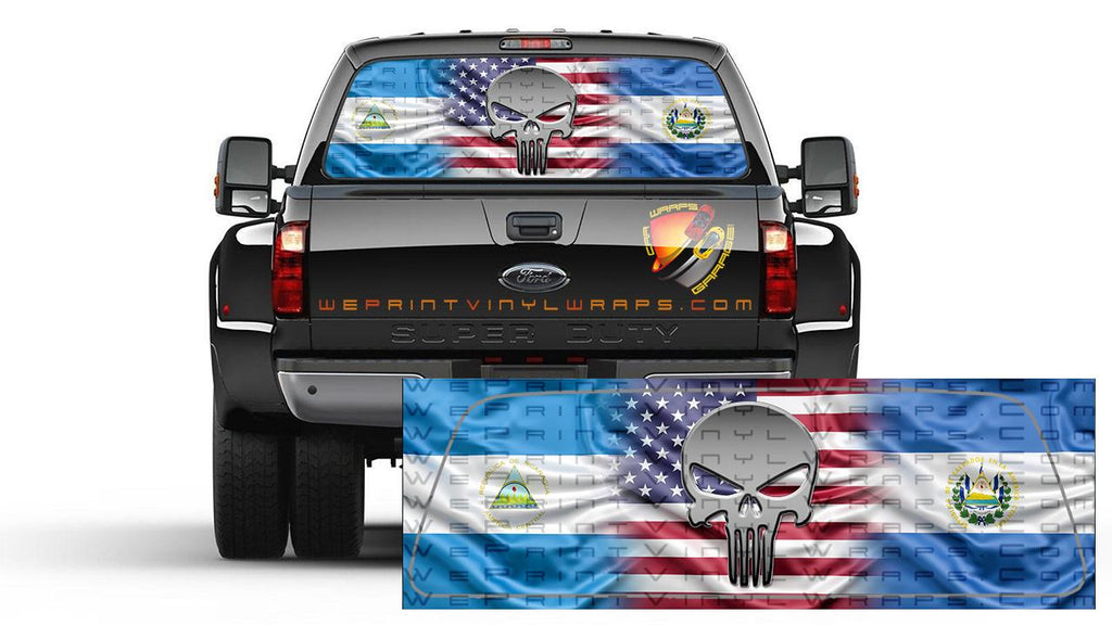 American, Nicaragua and El Salvador Flag Punisher Rear Window Perforated  Graphic Decal