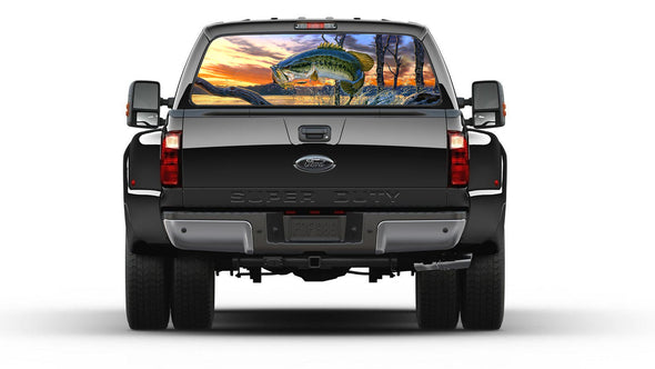 Seabass Jumping Sunrise   Rear Window Graphic Decal Tint Perf Sticker  Truck