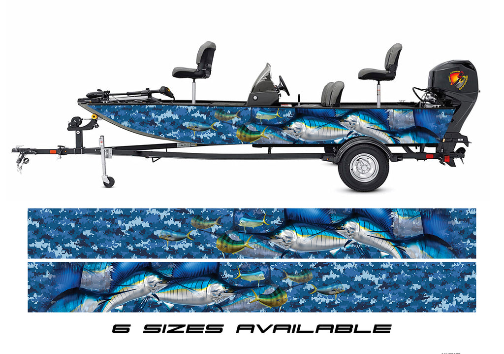 Marlin Fishes Blue Camo Boat Vinyl Wrap Fishing  Pontoon Skiff Decal