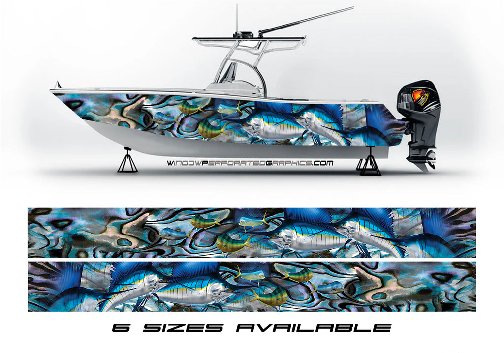 Marlin Fishes Blue Abstract Graphic Boat Vinyl Wrap Decal Fishing Pontoon All Boats Decal