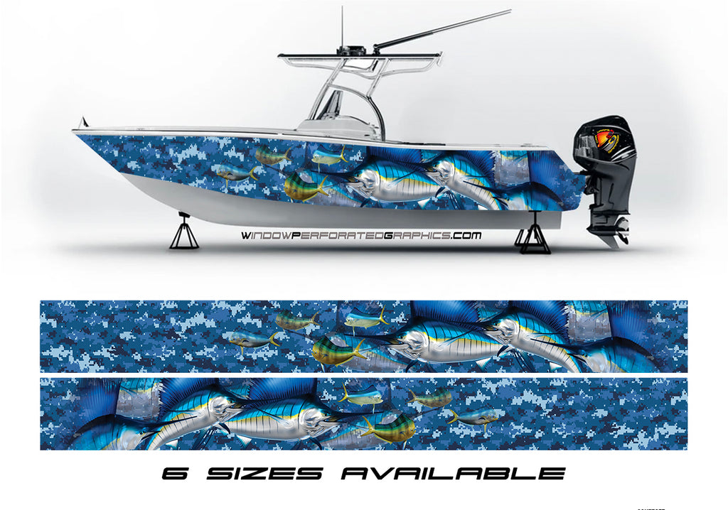 Marlin Fishes Blue Camo Boat Vinyl Wrap Fishing Pontoon Skiff Decal – We  Print Vinyl Wraps