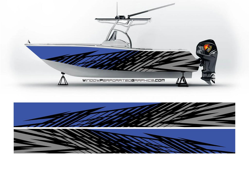 Blue Modern Graphic Vinyl Boat Wrap Decal Fishing Bass Pontoon