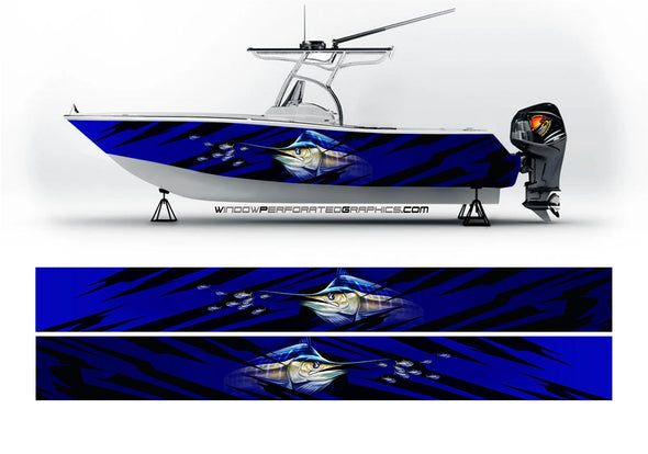 Blue & Black Marlin Fish Modern Lines Graphic Boat Vinyl Wrap Fishing Pontoon Bass  Decal Sportsman Boat All Boats Decal
