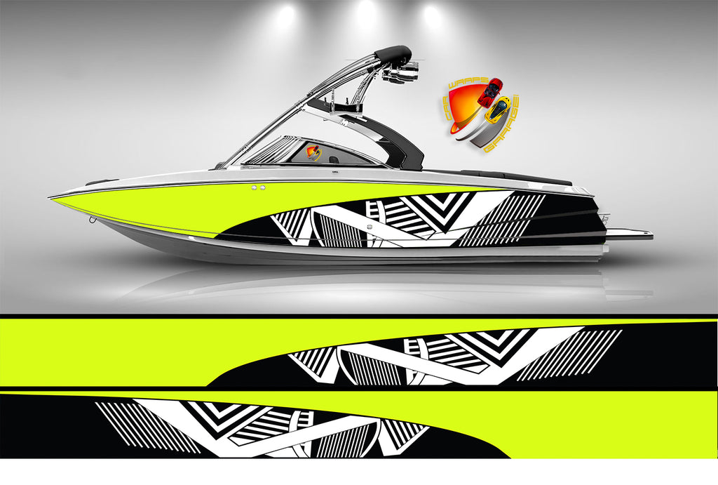 Bright Yellow and White Modern Lines Graphic Vinyl Boat Wrap Decal Fishing Pontoon Sportsman Console Bowriders Deck Boat Watercraft Decal All Boats Decal