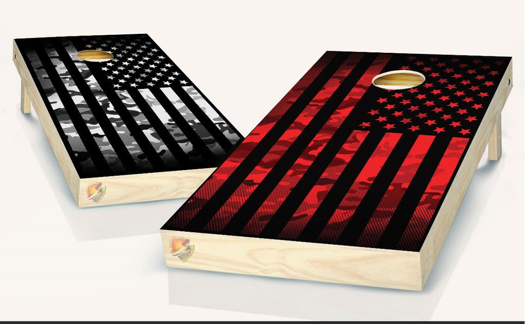 Camo Red & Black & White American Flag Cornhole Board Vinyl Wrap Laminated Sticker Set Decal