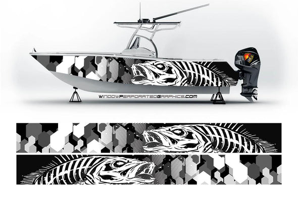 Camouflage Black Gray  and White Abstract  Seabass Fishbones Graphic Boat Vinyl Wrap Decal Fishing  Pontoon Sportsman Tenders Console Bowriders Deck Boats Decal Watercraft
