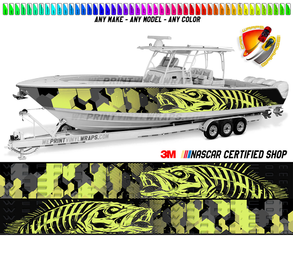 Camouflage Lime Yellow Seabass Graphic Boat Vinyl Wrap Decal  Fishing Bass  Pontoon All Boats Decal