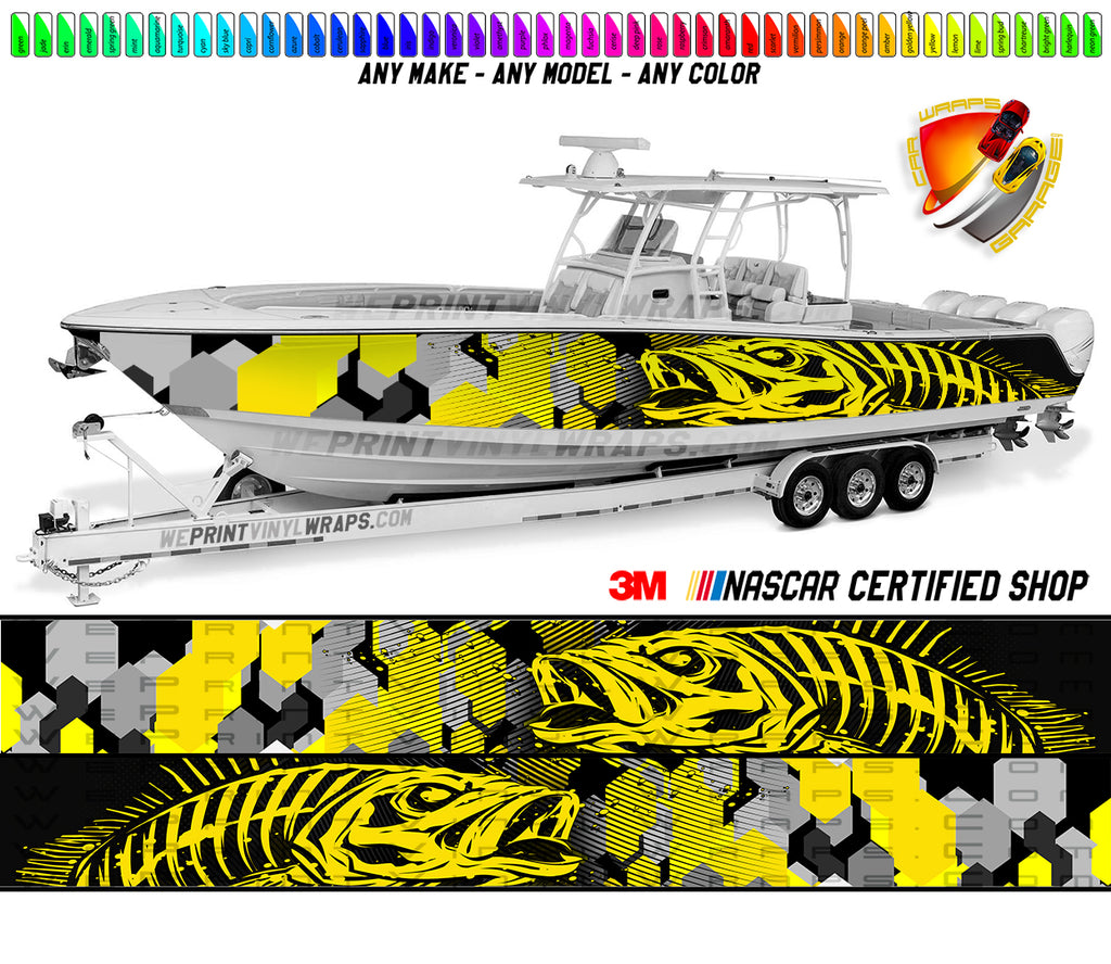 Camouflage  Yellow Seabass Graphic Boat Vinyl Wrap Decal  Fishing All Boats