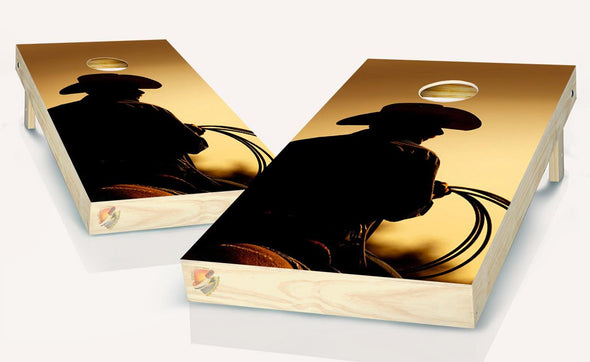 Cowboy at Sunset Silhouetted Horse Cornhole Board Vinyl Wrap Laminated Sticker Set