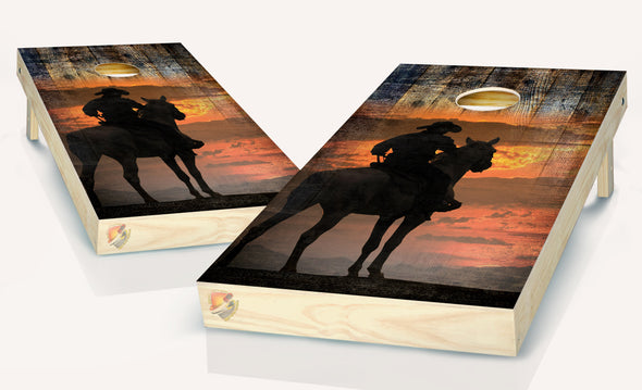 Cowboy at Sunset Silhouetted Horse Cornhole Board Vinyl Wrap Laminated Sticker Set Decal