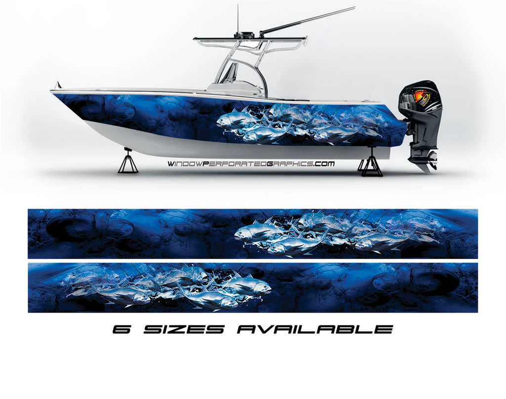 Dark Blue Smoky Fishes Graphic Vinyl Boat Wrap Decal Fishing Bass