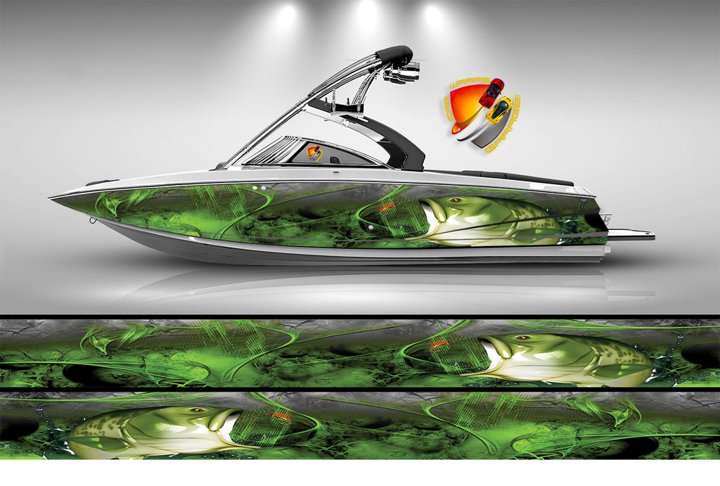 Green Seabass Big Fish Graphic Vinyl Boat Wrap Decal Fishing Bass Pontoon Sportsman Tenders Console Bowriders Deck Boat Watercraft Decal For all Boats
