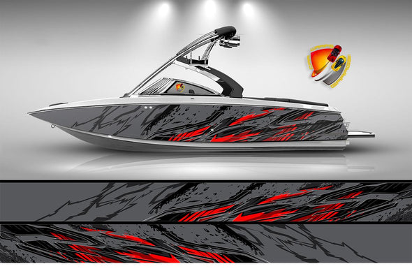 Gray, Red and Black Lines Modern Graphic Vinyl Boat Wrap Fishing Bass Pontoon Decal Watercraft Ski Boat