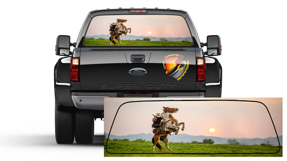 American Cowboy on horse at sunrise Rear Window Graphic Decal Sticker Truck