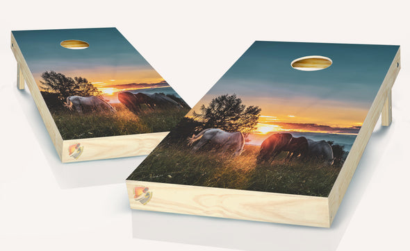 Horses at Sunset Cornhole Board Vinyl Wrap Laminated Decal Sticker Set