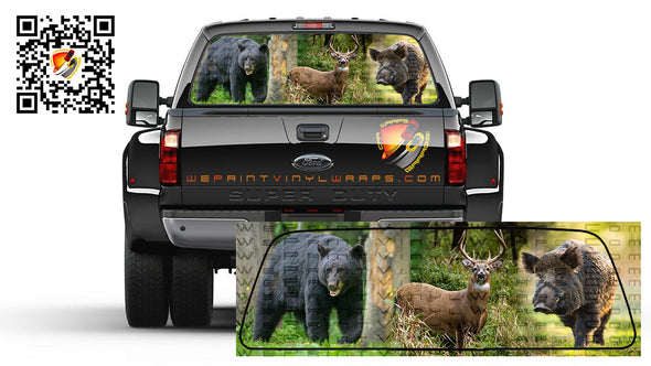 Hunting Black Bear, Whitetail Deer and  Boar Hog  Rear Window  Perforated Graphic Decal Vinyl Pickup Truck All Cars