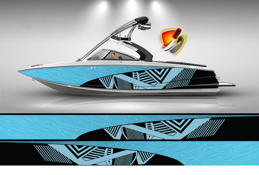 Light Blue & Black Lines Modern Graphic Vinyl Boat Wrap Decal Fishing Bass Pontoon Sportsman Console Bowriders Deck Boat Watercraft Decal