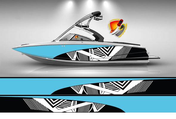 Light Blue & White Modern Lines Graphic Vinyl Boat Wrap Decal Fishing Bass Pontoon Sportsman Console Bowriders Deck Boat Watercraft Decal