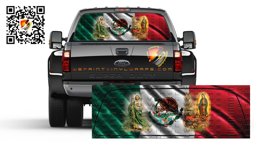 Mexican Flag St. Jude and Virgen de la Guadalupe Rear Window Perf Graphic Decal